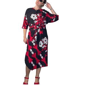 Vintage Mamo Howell Muumuu Dress Hawaii Belted Floral Black Red Large